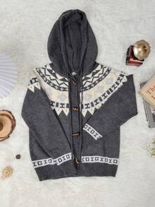 几何图案牛角扣长袖连帽开衫，高品质休闲舒适上衣，时尚保暖女装，适合秋冬季穿着 - 深灰色 - 查看 4