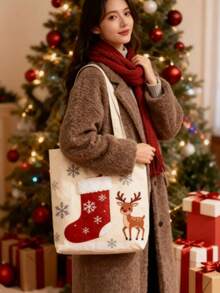 Customized Christmas Deer Women's One Shoulder Canvas Tote Bag - Multicolor - View 11