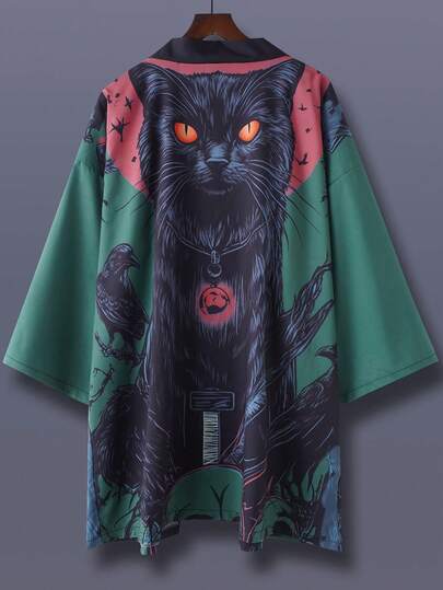 Oversized Casual Loose Kimono Cover Up, Street Fashion Beach Cover Up, Lightweight Summer Sunscreen Jacket, Unisex Halloween Themed Robe, Suitable For Vacation, Travel, Beach