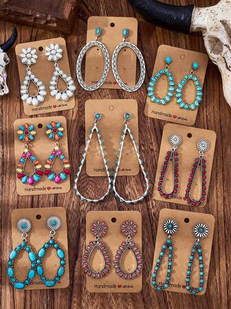 MONLOTTI Western Retro Bohemian Jewelry, Exaggerated Turquoise Earrings, Colored Turquoise, Red Turquoise, Multi-Element Women's Earrings, Fashionable Earrings Perfect For Cowgirl's Daily Wear, A Gift For Ladies