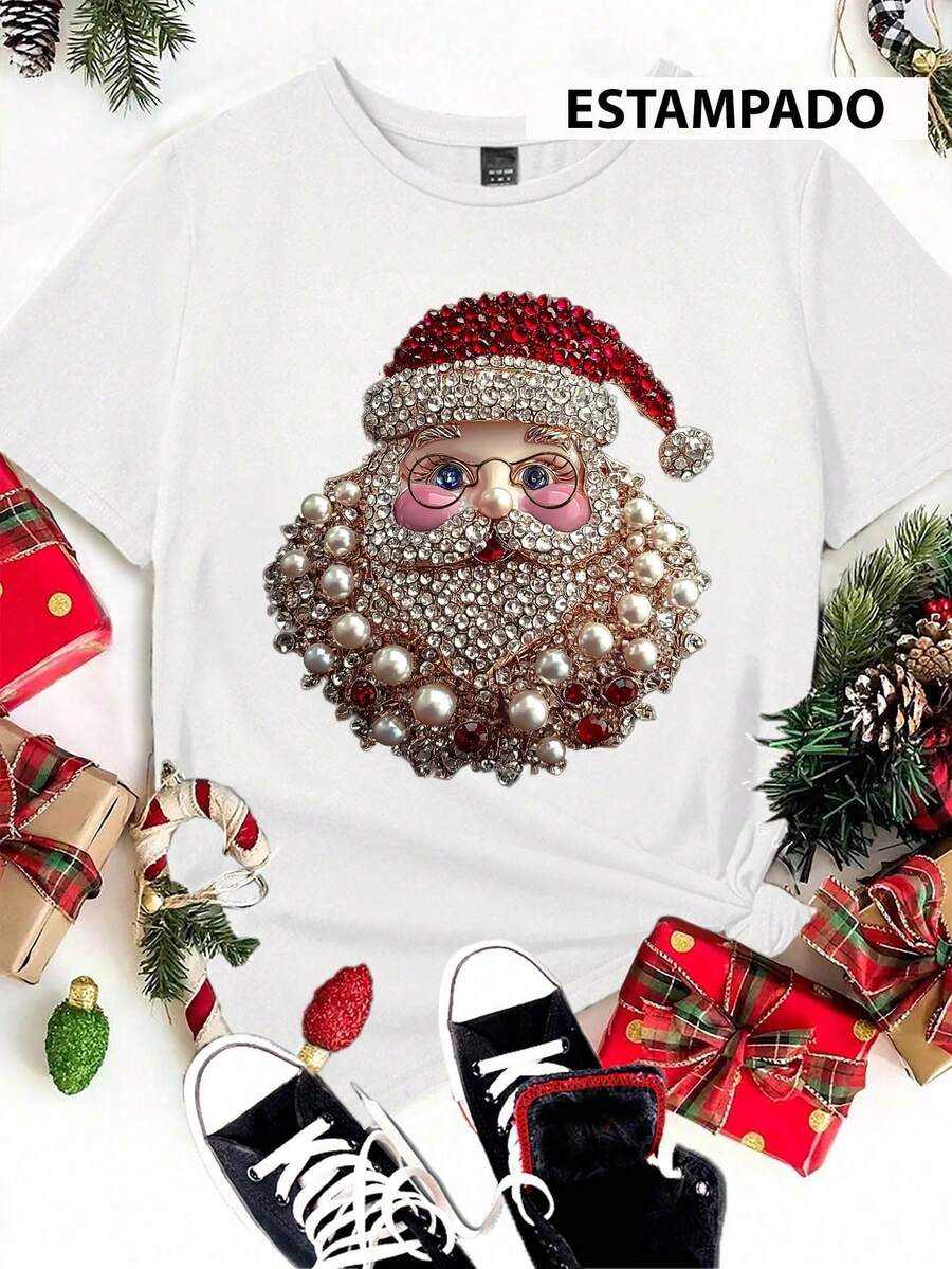 Camiseta estampada mujer cuello redondo y mangas cortas, uso casual diario tshirts para mujeres Santa Claus Navidad - Blanco - Ver 1