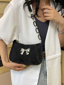 全新时尚休闲女式 PU 纯色黑色/咖啡色/卡其色蝴蝶结金属配件腋下零钱包化妆包 - 黑色 - 查看 5