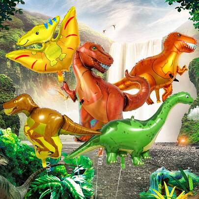 5pcs/Set Giant Dinosaur Foil Balloon Set, Dinosaur Foil Polyester Membrane Balloon, Huge Cute Dinosaur Birthday Party Decor, Suitable For Jungle Dinosaur Theme Decoration For Boys