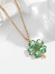 1pc Fashion Luxury New Rhinestone Inlaid Glass Clover Pendant Necklace, Suitable For Women's Daily And Party Wear, Gift