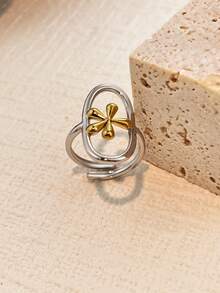 1pc Stainless Steel Bicolor Feather & Flower Twist Design Ring, Tarnish Resistant, Suitable For Autumn/Winter Wear, Home, Daily, Gift, Party