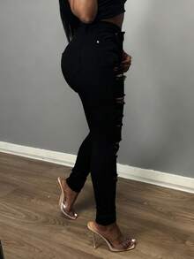 Four Seasons Casual Ripped Pocket Skinny Jeans Mid-Rise Comfortable Skinny Jeans - màu đen - Xem 4