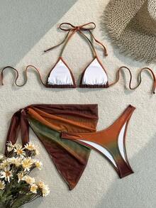 3 件套性感网纱连衣裙比基尼套装，夏季 - 咖啡棕 - 查看 3