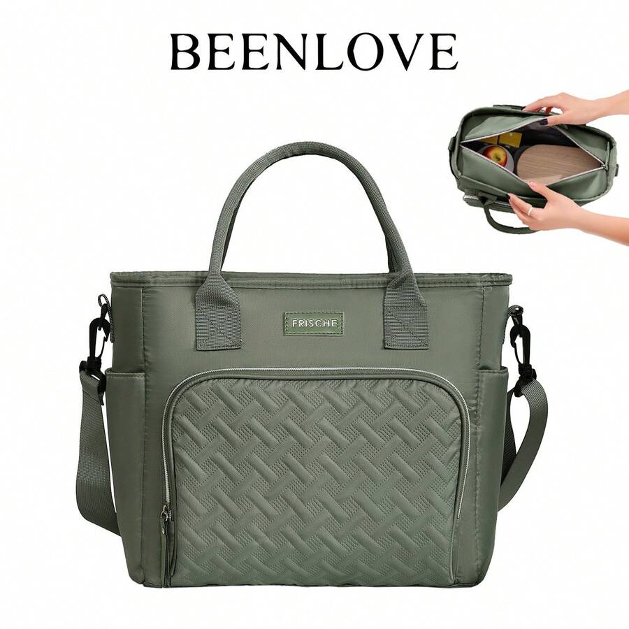 BEENLOVE Portable Insulated Lunch Bag, Large Capacity Food Storage Bag, Reusable Lunch Box, Waterproof And Oil-Proof Tote Bag, Adjustable Shoulder Strap, For Office Work School Picnic Beach, Leakproof Freezable Cooler Bag School Organizer Bags Teacher Storage Bags Classroom Bags Classroom Organizer Bags Woman Lunch Box Bag For Women Ladies School Supplies Stuff Accessories Bag For School School Accessories School Stuff - 綠色 - 查看 1