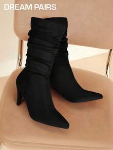 Women's Stiletto High Heel Pointed Toe Suede Mid Calf Boots For Fall/Winter, Classic Slouchy Soft Comfortable Boots - Black - View 4