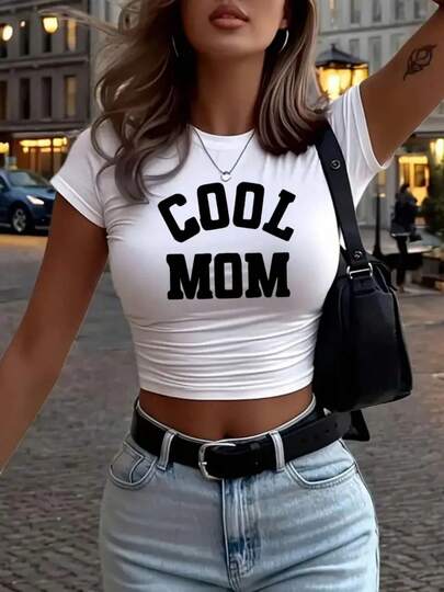 Women'S Y2K Crop T-Shirt With "Cool Mom" Letter Print - Lightweight Breathable Short Sleeve Top, Casual Outfit Essential, All-Season Comfort Fit, White With Black Lettering, Local Shipping Fast Delivery, Spring/Summer/Fall, Casual Chic Design, Women Top