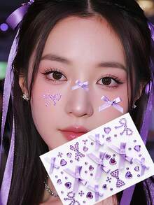 蝴蝶结形面部钻石贴，心形面部钻石贴，五色（粉、红、蓝、紫、白）蝴蝶结形面部装饰钻石贴，心形和圆形粘性面部贴片，面部贴纸，DIY面部贴纸 - 彩色 - 查看 10