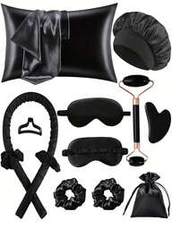 Set de 12 piezas de herramientas para dormir y peinar el cabello, rizador de cabello negro y masajeador facial, 1 funda de almohada de seda, set de reina para el cabello y la piel, set de rizado de cabello sin calor de seda