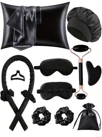 12 piezas Juego de herramientas para peinado mientras duerme, Rizadores negros y masajeador facial, 1 pieza Funda de almohada de seda, Adecuado para el cabello y la piel de la reina, Kit de rizado sin calor, Rizadores nocturnos, 1 pieza Máscara para dormir suave, 1 pieza Rodillo masajeador de doble cabeza, 1 pieza Tabla Gua Sha con forma de corazón, Para mujeres, Herramientas para el cabello, Ondas sin calor, Artículos esenciales de viaje, Artículos esenciales de viaje, Peinado, Peluquería, Cabello rizado, Rodillos para el cabello, Rizador de cabello, Rizado sin calor, Rizos sin calor, Rizadores de cabello, Rodillos, Rizado de cabello, Rodillos para el cabello, Herramientas para el cabello rizado, Rodillos para el cabello, Rodillo para el cabello, Difusor de rizos, Cabello, Viaje, Productos para el cabello, Herramientas para el cabello, Cosas para el cabello, Barbero, Accesorios de barbero, Barbería, Equipo de peluquería
