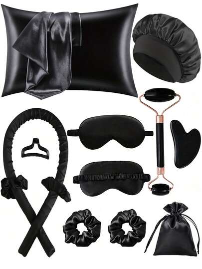 Set de 12 piezas de herramientas para dormir y peinar el cabello, rizador de cabello negro y masajeador facial, 1 funda de almohada de seda, juego de reina para el cabello y la piel, rizado de cabello sin calor con seda, rulos para dormir, 1 antifaz para dormir suave, 1 rodillo masajeador de doble cabeza, 1 tabla Gua Sha con forma de corazón, para mujeres, herramientas para el cuidado del cabello, rizado sin calor, artículos esenciales de viaje