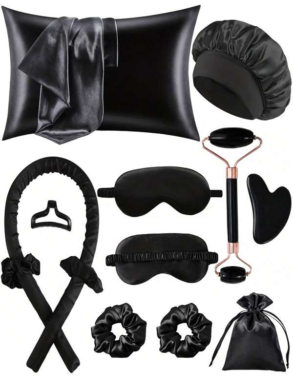 12pcs Sleeping Hair Styling Tools Set,Black Curlers And Face Massager, 1pc Silk Pillowcase,Suitable For Hair And Skin Queen Set, Silk Heatless Curling Kit, Overnight Curlers, 1pc Sleeping Soft Eye Mask, 1pc Dual Head Roller Massager, 1pc Heart Shaped Gua Sha Board, For Women,Hair Tools,Heatless Waves,Travel Essentials,Travel Essential,Hairstyle,Hairdressing,Curly Hair,Hair Rollers,Hair Curler,Heatless Curl,Heatless Curls,Hair Curlers,Rollers,Hair Curl,Rollers For Hair,Curly Hair Tools,Hair Rollers,Hair Roller,Curls Diffuser,Hair,Travel,Hair Products,Hair Tools,Hair Stuff,Barber,Barber Accessories,Barbershop,Hairdressing Equipment