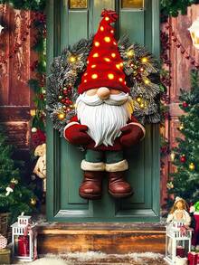 1 Stück beleuchteter Weihnachtsmann mit Schneekiefer Weihnachtskranz, festlicher Weihnachtsstil künstlicher Grünkranz mit LED-Beleuchtung und roten Beeren Details, Türkranz Dekoration für Weihnachten Zuhause, Feiertags-Party Ornament, Winterliche Saison Dekoration