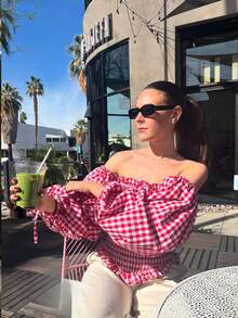 Red & White Plaid Puff Sleeve Tie Cuff Ruffle Hem Halter Women Blouse - Red and White - View 3