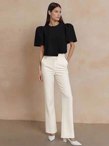 Amyenjoylife 现代菲律宾风衬衫，简洁不规则下摆纯色衬衫，简约优雅泡泡袖圆领套头衫，不规则下摆衬衫，菲律宾风情上衣，感恩节黑色上衣 - 黑色 - 查看 3