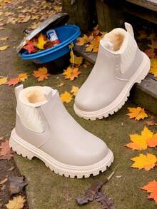 儿童冬季保暖内衬靴，简约英伦风侧拉链男女童厚底踝靴 - 米色 - 查看 7