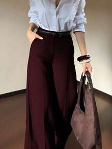 DONICY Damen Herbst- und Winterbekleidung Unterteil, einfarbige Hose mit hoher Taille, Taschen und geradem weitem Bein, modisch, retro, elegant, vielseitig, passend für Alltag, Büro, Dates, Ausstellungen