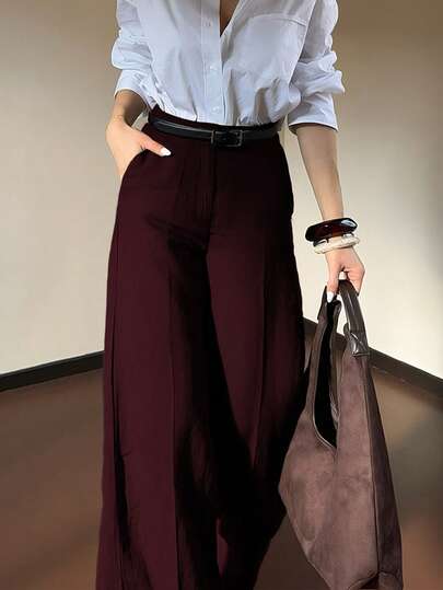 DONICY بنطلون نسائي ذو خصر عالي وجيوب وساق مستقيمة وواسعة، بنطلون بدلة أنيق عتيق أنيق متعدد الاستخدامات باللون البرغندي، مناسب للاستخدام اليومي العادي والمكتب والتنقل والمواعدة والتسوق والمعارض