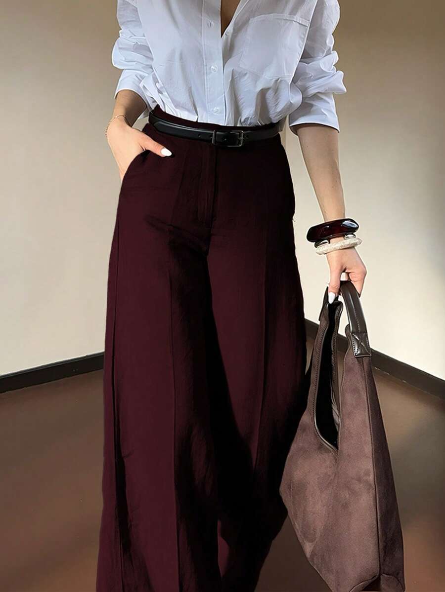 DONICY Damen Herbst- und Winterbekleidung Unterteil, einfarbige Hose mit hoher Taille, Taschen und geradem weitem Bein, modisch, retro, elegant, vielseitig, passend für Alltag, Büro, Dates, Ausstellungen