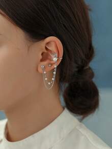 Tkool 可爱兔子仿珍珠耳骨夹和链条耳环套装（女士） - 銀色 - 查看 4