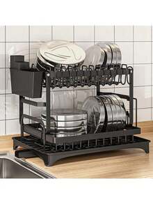 1pc Large Capacity Double-Layer Detachable Drainage Dish Rack | Multi-Purpose Kitchen Organizer For Home & Restaurant - Stainless Steel Dish Drainers Home Essentials Kitchen Organization And Storage Kitchen Accessories