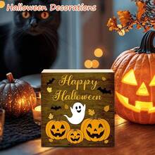 Halloween Fall Decor, Reversible Thanksgiving Decorations, Wooden Happy Halloween Sign With Pumpkin And Ghost, Thanksgiving Table Decor, Rustic Block Tiered Tray, Shelf, Mantel