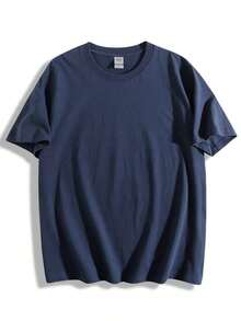 Oversized Boxy Cut Short Sleeve 100% Cotton T-Shirt, Casual Cropped Streetwear Style, Modern Minimalist Style All-Season Essential Solid Color Top - Unisex Vintage Casual Cotton T-Shirt, Comfortable Loose Fit - 藏蓝色 - 查看 4