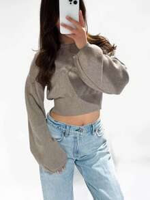 Women's Ribbed Knit Cropped Pullover Sweater, Long Sleeve, Knitted Fabric With Moderate Stretch, Top