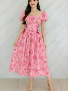 VESTIDO LARGO FLORAL, CON LISTONES DE LOS COSTADOS; PECHO FRUNCIDO MANGA FAROL, BOHEMIO, LINDO CUTE - Rosa - Ver 1