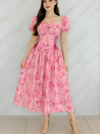 VESTIDO LARGO FLORAL, CON LISTONES DE LOS COSTADOS; PECHO FRUNCIDO MANGA FAROL, BOHEMIO, LINDO CUTE