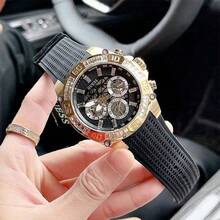 Guess Luxuriöse Herren Mode Drei-Augen Multifunktions Diamant-besetzte Skelett Zifferblatt Silikon Armband Quarz Uhr GW0333G2