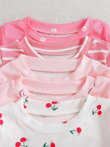 10pcs/Set Casual Cute Cherry & Floral Striped Printed Long Sleeve Top And Printed Pants Set, Autumn/Winter - Multicolor - View 4