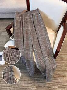 Women's Plaid Woven Fabric Wide Leg Pants, Long Casual Trousers Without Stretch