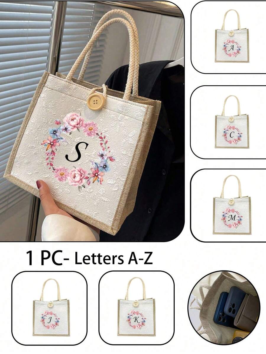 1个装 - 时尚简约字母印花手提袋,黑色牡丹花卉图案,A-Z字母,多功能便携教师手提袋,简约大容量青年旅行包,女士礼物,圣诞节和感恩节礼物袋,字母印花大容量女士手提袋,印花手提袋,可重复使用购物袋,适合日常使用、度假、通勤和旅行 - 彩色 - 查看 1