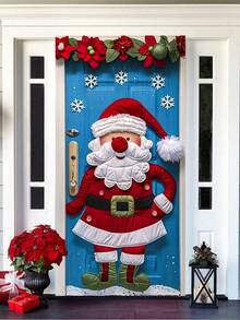 1 Stück Weihnachtsmann-Kranz mit Schneeflocken-Muster, festlicher Polyester-Türhänger im Stil mit Poinsettia und Vampir-Weihnachtsmann-Motiv, langanhaltend und einfach aufzuhängen - perfekt für Weihnachts-Heimdekorationen, eine tolle Wahl für Weihnachtsfeiern, Winterfeiertags-Dekorationen und Vordertür-Dekorationen (90x180 cm).