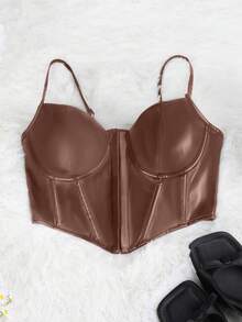 Apperloth A Y2K Style Spaghetti Strap PU Leather Front Slit Bodycon Bustier Crop Top, Suitable For Women To Wear At Christmas, Thanksgiving, New Year Parties - Brown - View 7