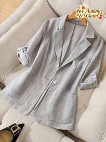 Áo khoác Blazer vải dệt màu xám thời trang dành cho nữ, có nút cài phía trước, tay dài, dáng dài thông thường, phù hợp cho mùa thu/đông - Xám - Xem 5
