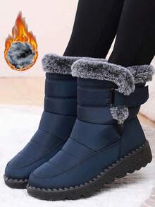 36-45 Size Outdoor Thermal Lined Thick Snow Boots For Women, Mid-Calf Round Toe Flat Heel Plus Size Waterproof Anti- High-Top Boots, Cold-Resistant, Middle-Aged Boots, Black - 藍色 - 查看 1