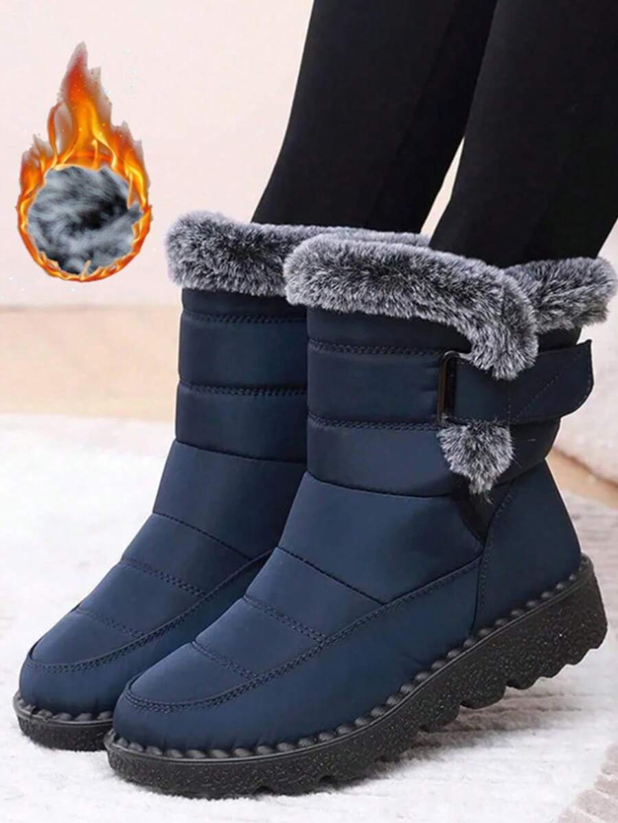 36-45 Size Outdoor Thermal Lined Thick Snow Boots For Women, Mid-Calf Round Toe Flat Heel Plus Size Waterproof Anti- High-Top Boots, Cold-Resistant, Middle-Aged Boots, Black - 藍色 - 查看 1
