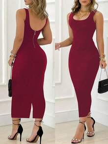Elegant Fitted Dress, Women's - Sleeveless Backless Design, Suitable For Spring/Summer Occasions, Machine Washable Polyester Blend Fabric, Backless Fitted Dress - Burgundy - View 1