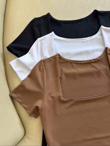BABY LOOK Women's Basic Square Neck Blouse With Short Sleeves Casual Fashion Versatile Blogger - 黑色 - 查看 2