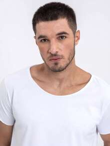 Men's Basic White Boat Neck T-Shirt Beautiful - 白色 - 查看 2