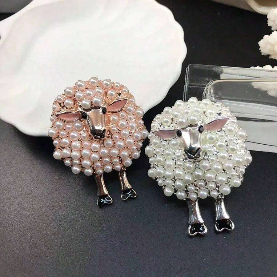 1pc Fashionable Cartoon Sheep Shaped Brooch With Artificial Faux Pearl For Women Party Outfit Jacket Decoration - 粉色 - 查看 1