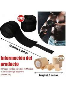 NIAWEA 2 Piezas Vendas para Box (5 Metros) Y 2 Roll Vendaje Deportivo (5cmx4.5m),Vendas Elásticas de Boxeo,Protección de Muñecas y Nudillos para Estiramiento,Deportes,Fitness,Artes Marciales Mixtas - Negro - Ver 2