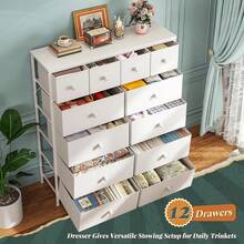 For Bedroom With 12 Drawers, Fabric Dressers & Chests Of Drawers, Sturdy Metal Frame, Wood Top, Entryway, Bedroom Furniture (White) - 白色 - 查看 4