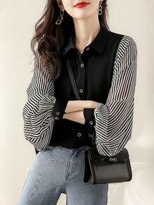 大码女式条纹袖梭织面料衬衫，长袖常规上衣 - 黑色 - 查看 6