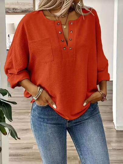 Plus Size Women Solid Color Pocket Button Batwing Sleeve Casual Shirt